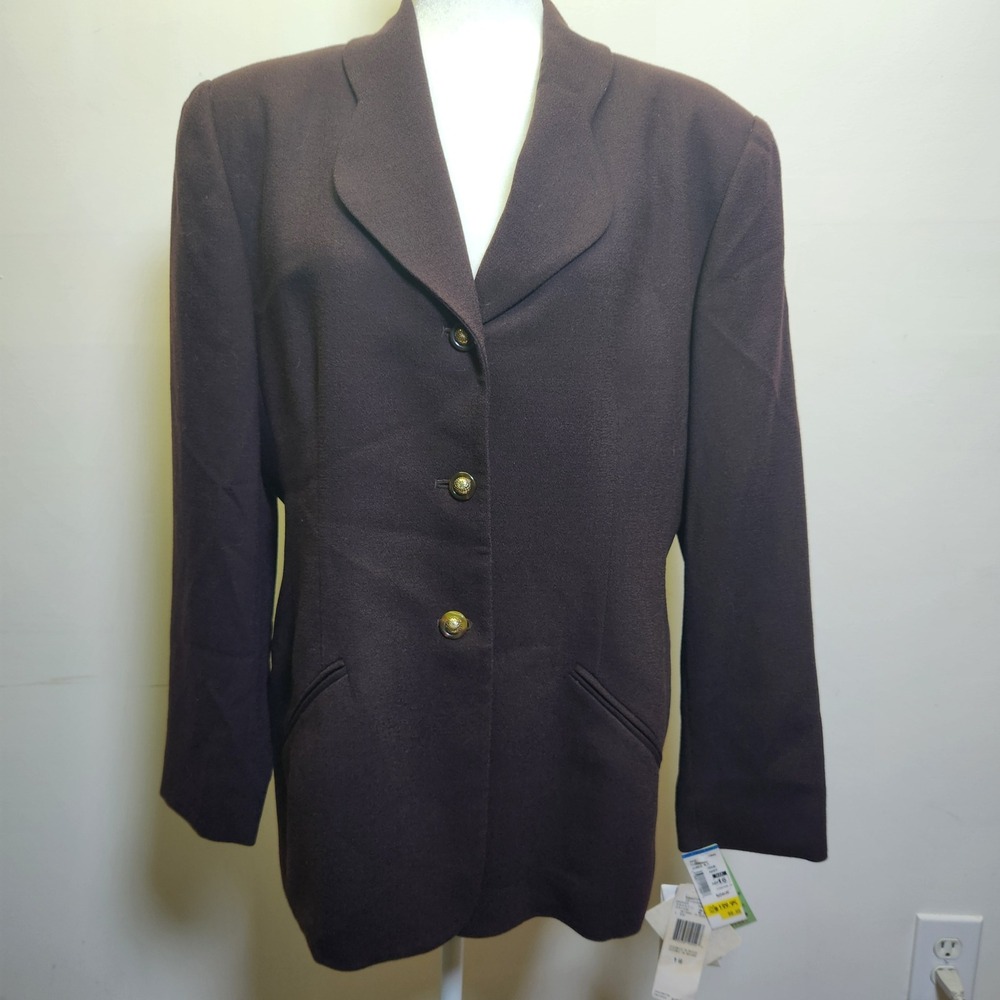 Vtg NWT Jones New York 100% Pure New Worsted Wool Blazer 16 Chocolate Brown